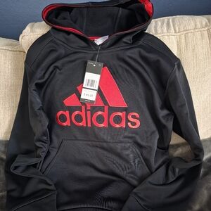 New Adidas Black Hoodie with Red Logo. Size 10-12